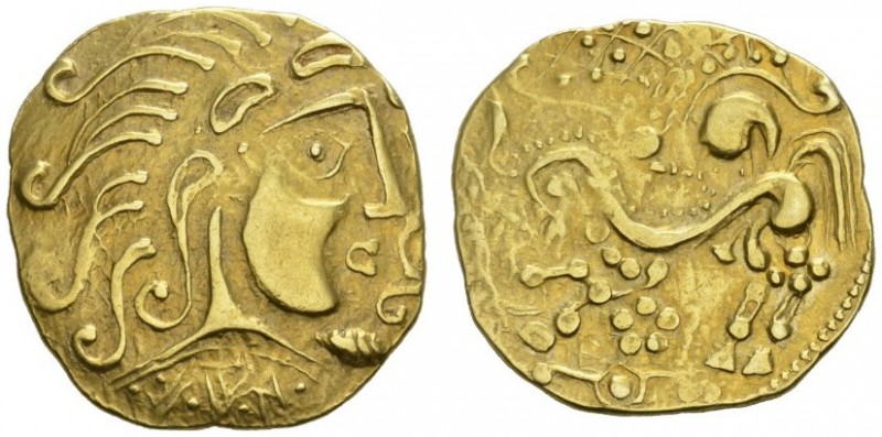 CELTIC COINS 
 GALLIA 
 THE PARISII 
 Large stater, gold, of class V, about 1...