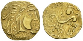 CELTIC COINS 
 GALLIA 
 THE PARISII 
 Large stater, gold, of class V, about 100-50 BC. AV 7.06 g. Head with flowing locks r., in front, large doubl...