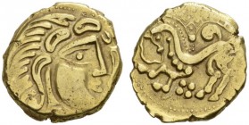 CELTIC COINS 
 GALLIA 
 THE PARISII 
 Stater, gold, of class VII &quot;à flan court&quot;, about 100-50 BC. AV 6.96 g. Head with flowing locks r., ...
