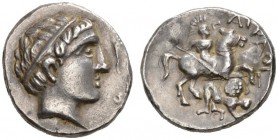 CELTIC COINS 
 EASTERN CELTS 
 Imitations of coins of Patraos, king of Paeonia . Tetradrachm, about 300-270 BC. AR 8.78 g. Unbearded head r. with ba...