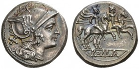 ROMAN COINS 
 ROMAN REPUBLIC 
 Anonymous . Denarius, after 211 BC. AR 4.64 g. Head of Roma r., wearing winged and crested helmet; in field l., mark ...