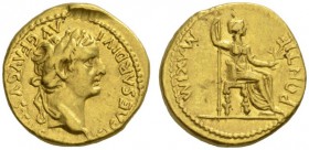 ROMAN COINS 
 IMPERIAL COINAGE 
 TIBERIUS, 14-37. Aureus, Lugdunum . AV 7.84 g. TI CAESAR DIVI - AVG F AVGVSTVS Laureate head r. Rev. PONTIF - MAXIM...