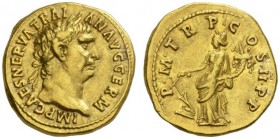 ROMAN COINS 
 IMPERIAL COINAGE 
 TRAJAN, 98-117. Aureus, 98-99. AV 7.26 g. IMP CAES NERVA TRAI - AN AVG GERM Laureate head r. Rev. P.M.TR P.COS. II....