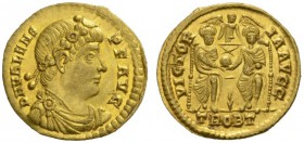 ROMAN COINS 
 IMPERIAL COINAGE 
 VALENS, 364-378. Solidus, Treveri , 367-375. AV 4.51 g. DN VALENS - PF AVG Draped, cuirassed bust r. with rosette d...