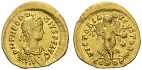 COINS OF EAST ROME AND BYZANCE 
 THEODOSIUS II, 402-450. Tremissis, gold, Constantinople, about 408-422. AV 1.48 g. DN THEODO - SIVS PF AVG Draped, c...