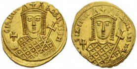COINS OF EAST ROME AND BYZANCE 
 Solidus, Constantinople . AV 4.45 g. ªIRInH - bASILISSH Facing bust, wearing loros and crown, holding globe cruciger...