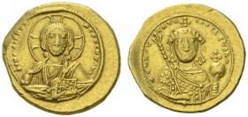 COINS OF EAST ROME AND BYZANCE 
 CONSTANTINE IX, 1042-1055. Tetarteron, gold, Constantinople. AV 4.03 g. +IhS XIS RªX RªSNANTIHm Draped, nimbate bust...