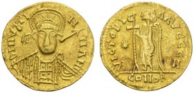 DARK AGES • MIGRATIONS 
 VISIGOTHS IN SPAIN 
 Solidus in the name of Justianian I . AV 4.37 g. DN IVSTI - N - NANI Cuirassed, helmeted bust facing, ...
