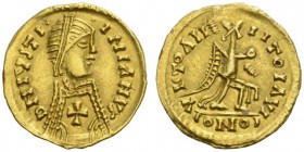 DARK AGES • MIGRATIONS 
 VISIGOTHS IN SPAIN 
 Tremissis, gold, Barcelona (?), in the name of Justinian I, about 530-560. AV 1.44 g. DN IVSTI - NIANV...