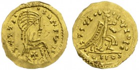 DARK AGES • MIGRATIONS 
 VISIGOTHS IN SPAIN 
 Tremissis, gold, Barcelona (?), in the name of Justinian I, about 530-560. AV 1.20 g. Draped, diademed...