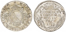 MÜNZEN UND MEDAILLEN DER SCHWEIZ 
 ZÜRICH, STADT 
 20 Schilling (1/2 Gulden) 1761. HMZ 2­1166ee. 7,85 g.
 Vorzüglich
