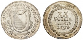 MÜNZEN UND MEDAILLEN DER SCHWEIZ 
 ZÜRICH, STADT 
 20 Schilling (1/2 Gulden) 1792. HMZ 2­1166qq. 7,41 g.
 Attraktives, vorzügliches Exemplar