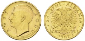 EUROPEAN COINS - VARIA 
 ALBANIA 
 KINGDOM 
 Amet Zogu I., 1925-1928-1939. 20 Franga Ari 1927 R, Rome. Fr. 2; K./M. 10. 6,45 g.
 GOLD. Extremely f...