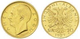 EUROPEAN COINS - VARIA 
 ALBANIA 
 KINGDOM 
 10 Franga Ari 1927 R, Rome. Fr. 3; K./M. 9. 3,22 g.
 GOLD. Almost extremely fine