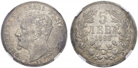 EUROPEAN COINS - VARIA 
 BULGARIA 
 PRINCEDOM, SINCE 1908 KINGDOM. 
 Ferdinand, 1887-1918. 5 Leva 1892 KB, Kremnitz. D av. 61; K./M. 18.
 In NGC S...