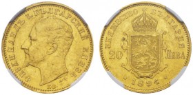 EUROPEAN COINS - VARIA 
 BULGARIA 
 PRINCEDOM, SINCE 1908 KINGDOM. 
 20 Leva 1894 KB, Kremnitz. Fr. 3.
 GOLD. Rare in this quality. In NGC Slab, g...