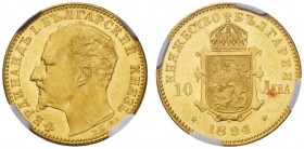 EUROPEAN COINS - VARIA 
 BULGARIA 
 PRINCEDOM, SINCE 1908 KINGDOM. 
 10 Leva 1894 KB, Kremnitz. Fr. 4.
 GOLD. Extremely rare in this quality. In N...