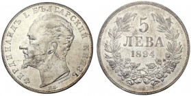 EUROPEAN COINS - VARIA 
 BULGARIA 
 PRINCEDOM, SINCE 1908 KINGDOM. 
 5 Leva 1894 KB, Kremnitz. Dav. 61; K./M. 18.
 Rare in this quality. In PCGS S...