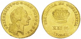 EUROPEAN COINS - VARIA 
 DENMARK 
 KÖNIGREICH 
 Frederik V, 1746-1766. 12 Mark 1761 K, Copenhagen. Fr. 269; K./M. 587.4. 3,12 g.
 GOLD. Extremely ...