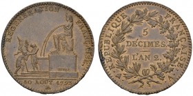 COLLECTION GALLIA DES MONNAIES FRANCAISES 
 CONVENTION, 1792-1795 
 5 Décimes AN 2/1793 A, Paris. Gad. 390; Maz. 261. 23,79 g.
 TTB­Superbe