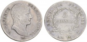 COLLECTION GALLIA DES MONNAIES FRANCAISES 
 CONSULAT, 1799-1804. 
 5 Francs An 12 (1803-1804) T, Nantes. Dav. 82; Gadoury 577. 24,89 g.
 TB­TTB
