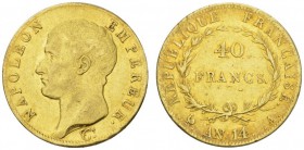 COLLECTION GALLIA DES MONNAIES FRANCAISES 
 PREMIER EMPIRE 
 40 Francs An 14 (1805) A, Paris. Fr. 481; Gadoury 1081. 12,87 g.
 OR. Presque Superbe