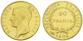 COLLECTION GALLIA DES MONNAIES FRANCAISES 
 PREMIER EMPIRE 
 40 Francs 1806 I, Limoges. Fr. 485; Gadoury 1082. 12,88 g.
 OR. Rare. Seuls 7'103 exem...