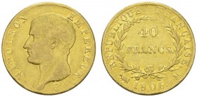 COLLECTION GALLIA DES MONNAIES FRANCAISES 
 PREMIER EMPIRE 
 40 Francs 1806 M, Toulouse. Fr. 485; Gadoury 1082. 12,87 g.
 OR. Très rare. Seuls quel...