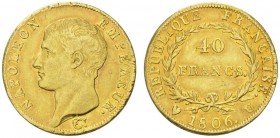 COLLECTION GALLIA DES MONNAIES FRANCAISES 
 PREMIER EMPIRE 
 40 Francs 1806 U, Turin. Fr. 485; Gadoury 1082. 12,87 g.
 OR. Presque Superbe