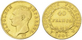 COLLECTION GALLIA DES MONNAIES FRANCAISES 
 PREMIER EMPIRE 
 40 Francs 1806 W, Lille. Fr. 485; Gadoury 1082. 12,88 g.
 OR. Très rare. Seuls 4'336 e...