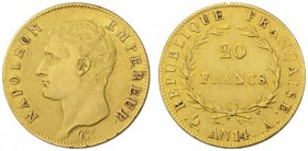 COLLECTION GALLIA DES MONNAIES FRANCAISES 
 PREMIER EMPIRE 
 20 Francs An 14 (1805) A, Paris. Fr. 487a; Gadoury 1022. 6,41 g.
 OR. Légèrement frott...