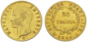 COLLECTION GALLIA DES MONNAIES FRANCAISES 
 PREMIER EMPIRE 
 20 Francs 1806 A, Paris. Fr. 487a; Gadoury 1023. 6,42 g.
 OR. TTB