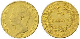 COLLECTION GALLIA DES MONNAIES FRANCAISES 
 PREMIER EMPIRE 
 20 Francs 1806 I, Limoges. Fr. 487a; Gadoury 1023. 6,41 g.
 OR. Rare. Seuls 8'143 exem...