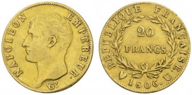 COLLECTION GALLIA DES MONNAIES FRANCAISES 
 PREMIER EMPIRE 
 20 Francs 1806 U, Turin. Fr. 490; Gadoury 1023. 6,40 g.
 OR. TTB