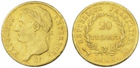 COLLECTION GALLIA DES MONNAIES FRANCAISES 
 PREMIER EMPIRE 
 20 Francs 1808 M, Toulouse. Fr. 499; Gadoury 1024. 6,41 g.
 OR. TTB