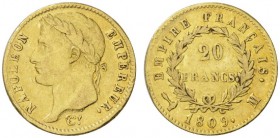 COLLECTION GALLIA DES MONNAIES FRANCAISES 
 PREMIER EMPIRE 
 20 Francs 1809 M, Toulouse. Fr. 511; Gadoury 1025. 6,41 g.
 OR. Très rare. Seuls 5'007...