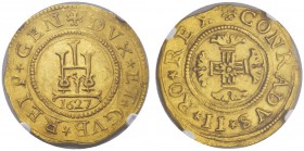 EUROPEAN COINS - VARIA 
 ITALIA 
 GENOVA 
 Da 2 Doppie 1627, Genova. DVX ET GVB REIP GEN. Castello coronato su data // CONRADVS II RO REX. Croce or...