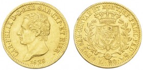EUROPEAN COINS - VARIA 
 ITALIA 
 SARDEGNA 
 20 Lire 1828, Torino. Fr. 1136; Pagani 56. 6,43 g.
 ORO. Splendido