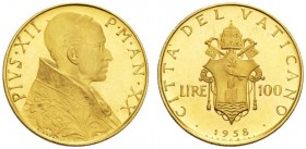 EUROPEAN COINS - VARIA 
 ITALIA 
 VATICANO 
 100 Lire 1958 / Anno XX R, Roma. Fr. 291; Pagani 724. 5,20 g.
 ORO. Quasi FDC
