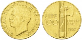 EUROPEAN COINS - VARIA 
 ITALIA 
 REGNO D'ITALIA 
 100 Lire 1923 R, Roma. Fr. 30; Pagani 644. 32,22 g.
 ORO. Piccolo diffeto sul bordo, altrimenti...