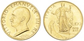 EUROPEAN COINS - VARIA 
 ITALIA 
 REGNO D'ITALIA 
 100 Lire 1932 / Anno X R, Roma. Italia su prora. Fr. 33; Pagani 648. 8,79 g.
 ORO. Quasi FDC