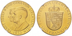 EUROPEAN COINS - VARIA 
 LIECHTENSTEIN 
 FÜRSTENTUM 
 Franz Joseph II., 1938-1989. 100 Franken 1952. Fr. 19; HMZ 2­1385a.
 GOLD. Selten. Nur 4'000...
