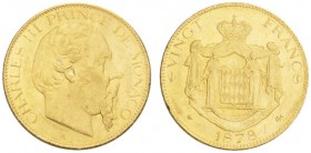 EUROPEAN COINS - VARIA 
 MONACO 
 Charles III, 1856-1889. 20 Francs 1878 A, Paris. Fr. 12; Gadoury 120. 6,45 g.
 OR. Superbe
