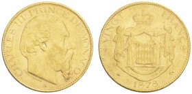 EUROPEAN COINS - VARIA 
 MONACO 
 20 Francs 1878 A, Paris. Fr. 12; Gadoury 120. 6,43 g.
 OR. Petit coup sur la tranche, sinon presque Superbe