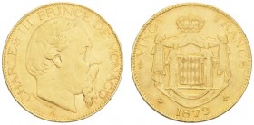 EUROPEAN COINS - VARIA 
 MONACO 
 20 Francs 1879 A, Paris. Fr. 12; Gadoury 120. 6,45 g.
 OR. Superbe