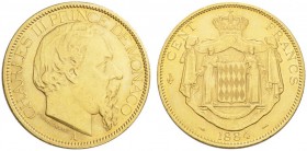 EUROPEAN COINS - VARIA 
 MONACO 
 100 Francs 1884 A, Paris. Fr. 11; Gadoury 122. 32,26 g.
 OR. Presque Superbe