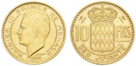 EUROPEAN COINS - VARIA 
 MONACO 
 Rainier III, 1949-2004. Piéfort du 10 Francs 1950, Paris. Fr. 30; Gadoury 123. 10,57 g.
 OR. Superbe
