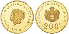 EUROPEAN COINS - VARIA 
 MONACO 
 200 Francs 1966, Paris. Fr. 32; Gadoury 152. 31,97 g.
 OR. Rare. Seuls 1'000 exemplaires frappés. Proof. FDC