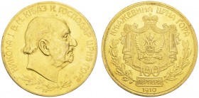EUROPEAN COINS - VARIA 
 MONTENEGRO 
 Nikolaus I., 1860-1910, als Fürst. 100 Perpera 1910. Bare head right; olive branch below // Crow­ned and mantl...