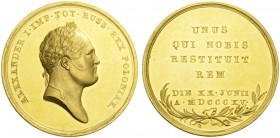 EUROPEAN COINS - VARIA 
 POLAND 
 KINGDOM 
 Alexander I, Tsar of Russia, 1801-1825. Gold medal 1815. By I. Mainert. Commemorating the reconstitutio...